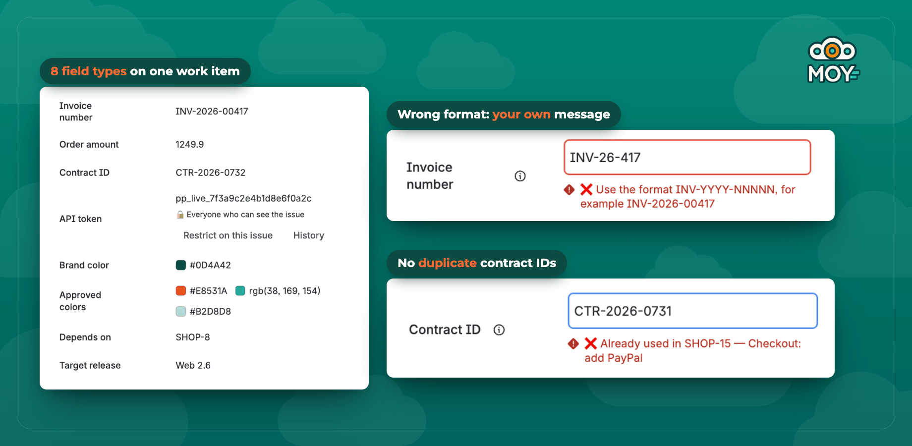 One work item with all eight field types; a wrong invoice number refused with the admin's message; a contract ID that another work item already uses.