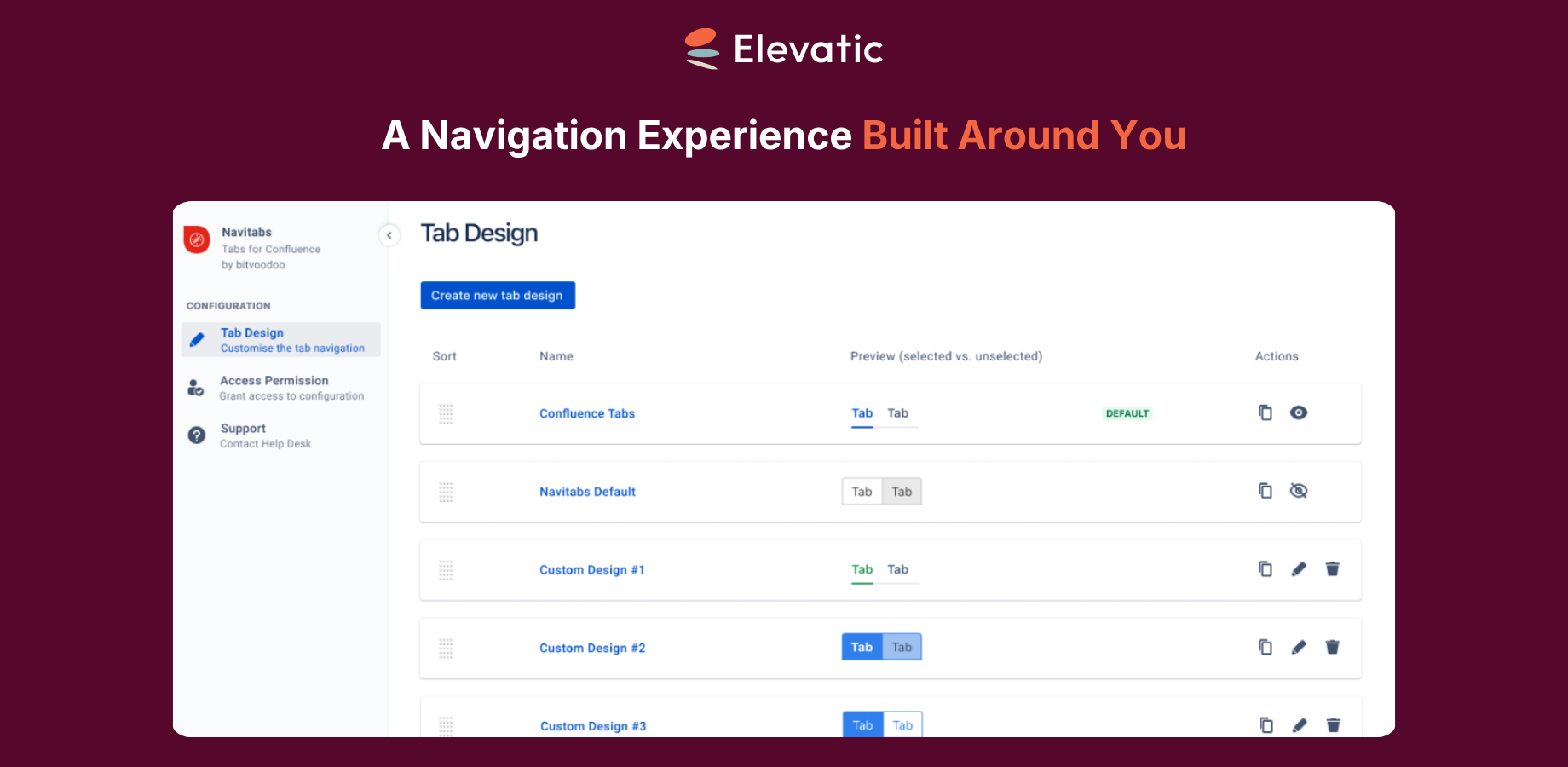 An interface for creating and managing tab designs. If necessary, creating new designs can be restricted to specific user group.