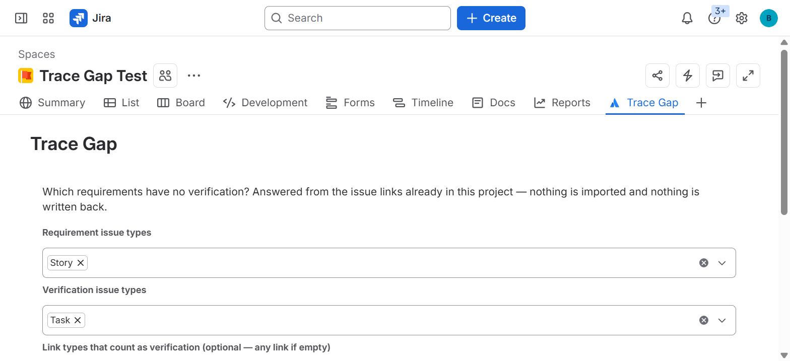 The whole setup: choose which issue types mean requirement and which mean verification. Optionally narrow which link types count. Nothing is imported and nothing is written back to Jira.