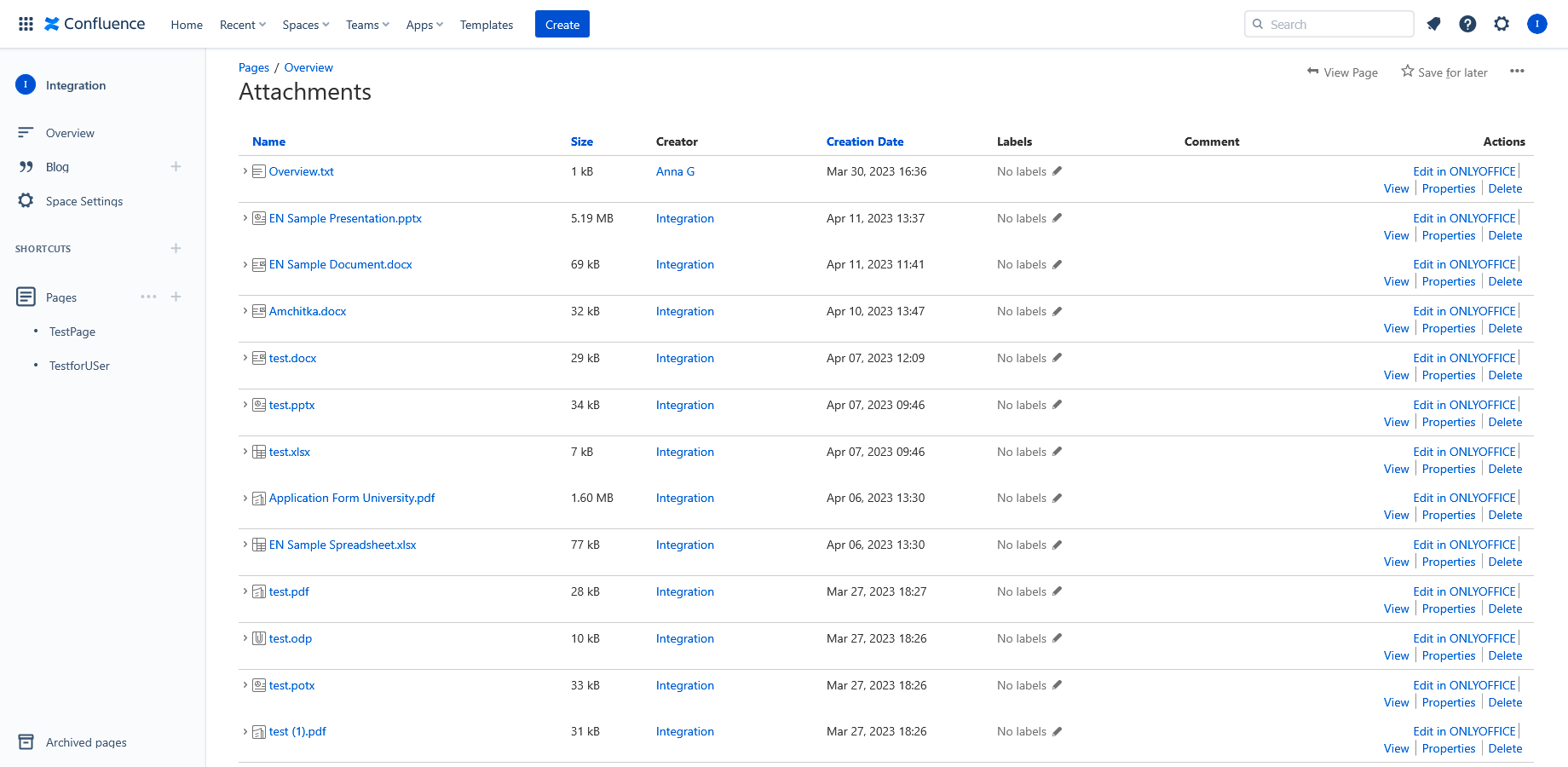 In this screenshot, you can see how the Confluence Cloud interface with the Edit in ONLYOFFICE option looks like.