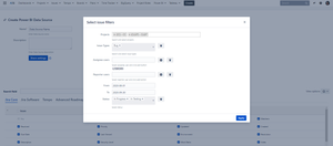Using the Power BI Connector for Jira, you can select the projects for which you want to export data. Click “Select issue filters” and select data in pop-up windows