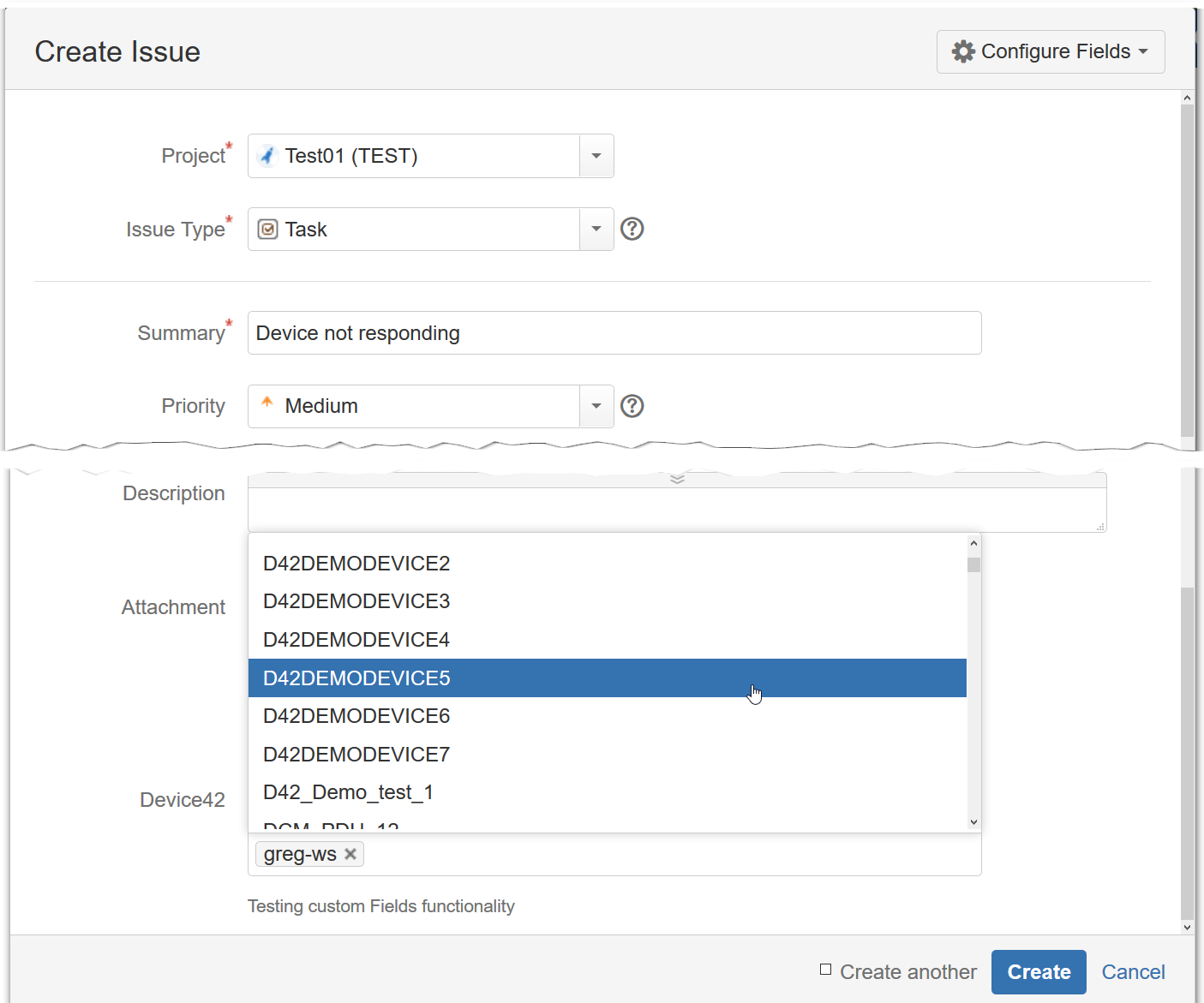 When creating a new issue, you can select CIs from Device42. You can pick the item from the drop down or use the search box(added in v1.0.4) to search for the CI before selecting it.