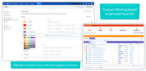 Smart filters allow the user to define a grouped set of JQL queries. They appear in the Rich Filter Controller as buttons with drop-down menus. They can be added as columns to a view or power smart gadgets.