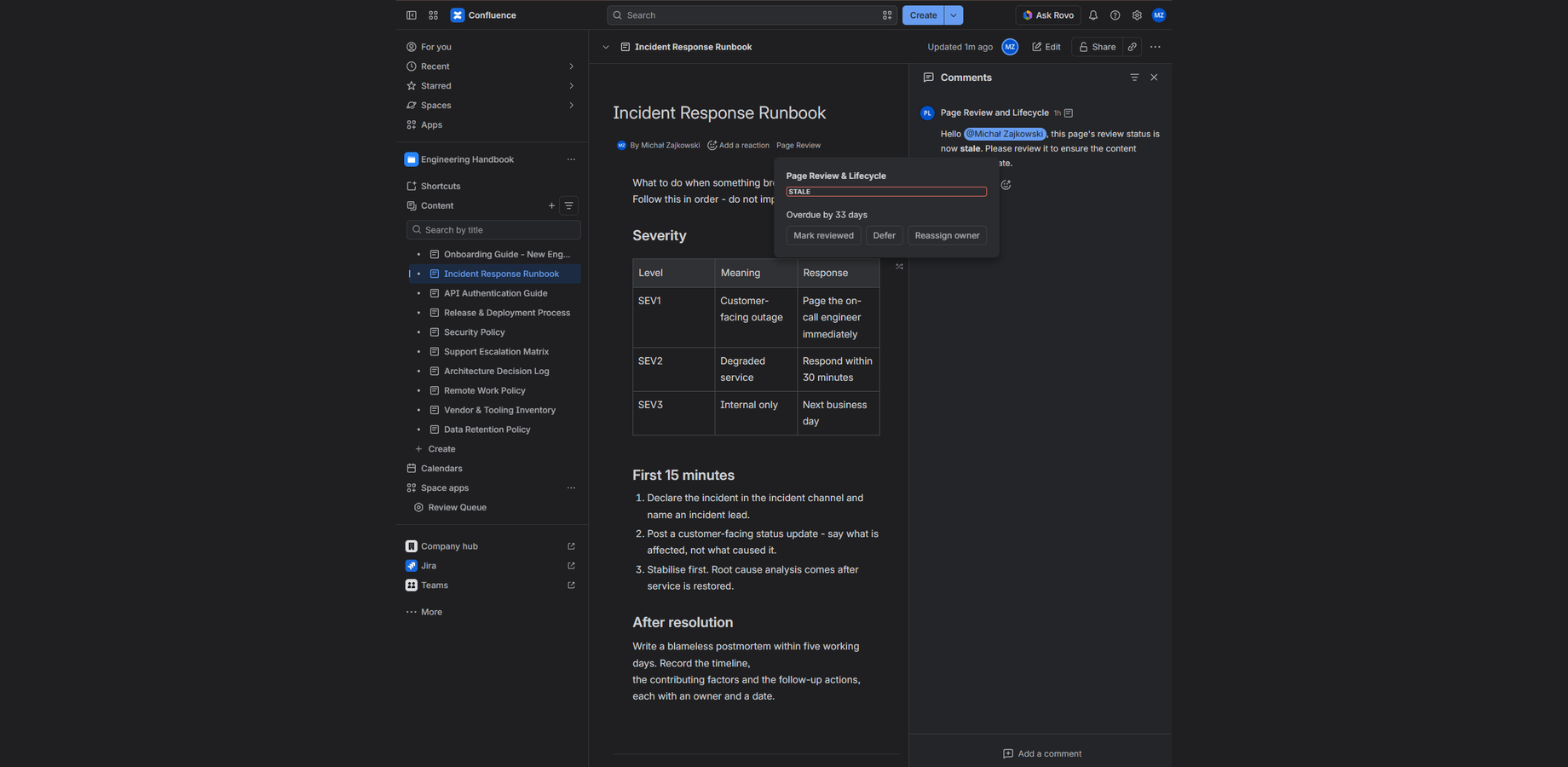 Owners are reminded by a mention, so Confluence's own notifications do the work.