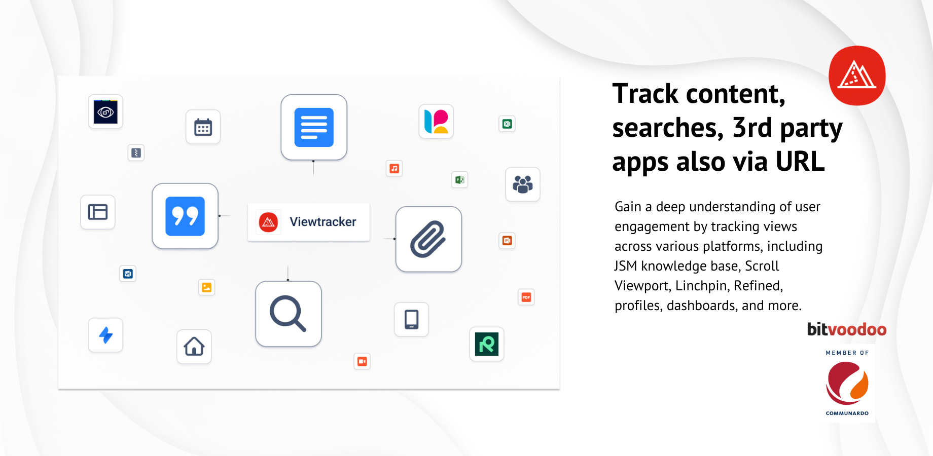 Track Confluence pages, blog posts, attachments, searches, team pages, calendars, 3rd party apps, and views via JSM, Scroll Viewport, Spacecraft, Refined, and more.