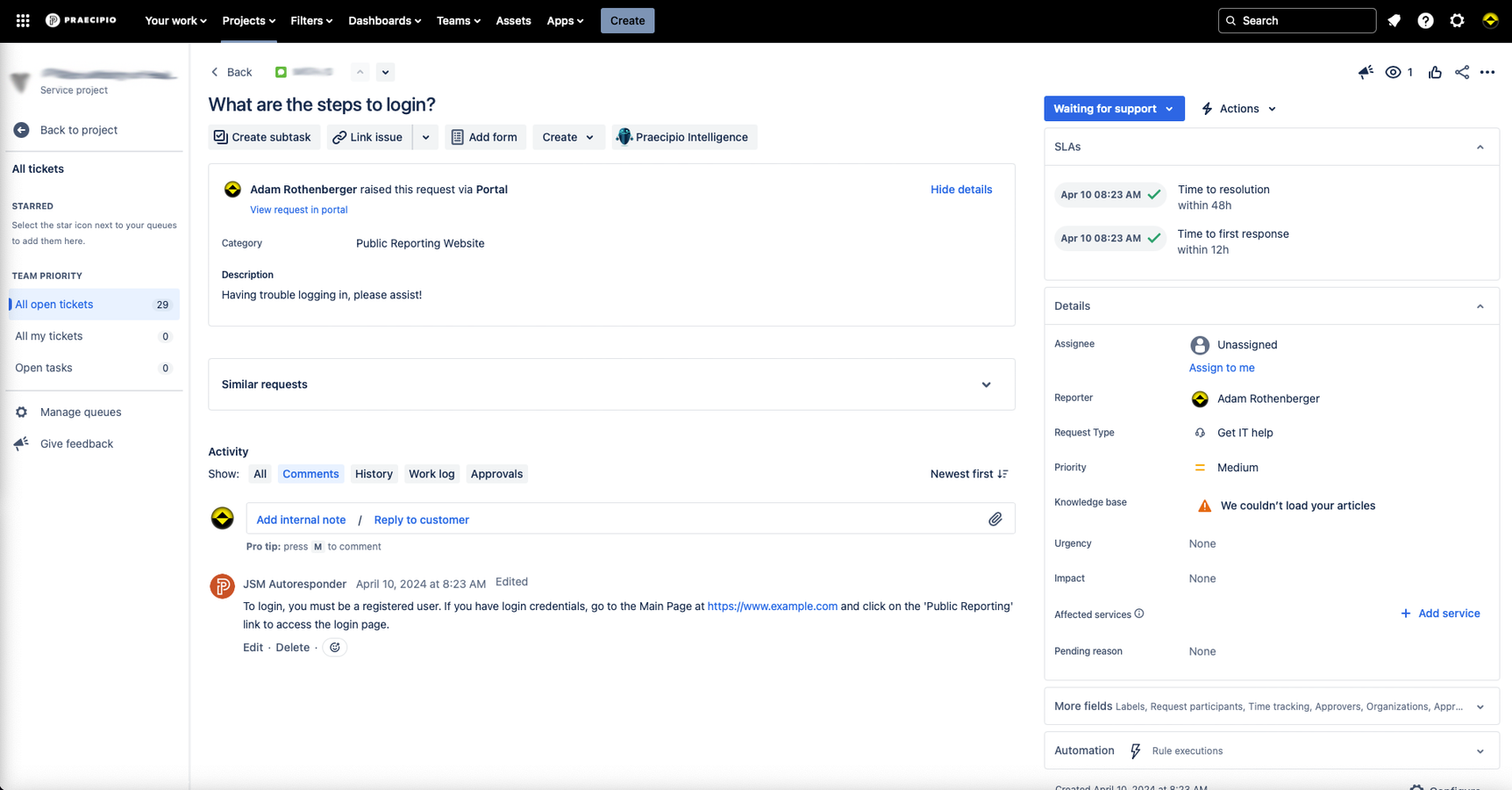 Praecipio Intelligence uses Jira Service Management's request portal as a user interface. The user experience is identical to JSM, with a near-immediate time to first response.