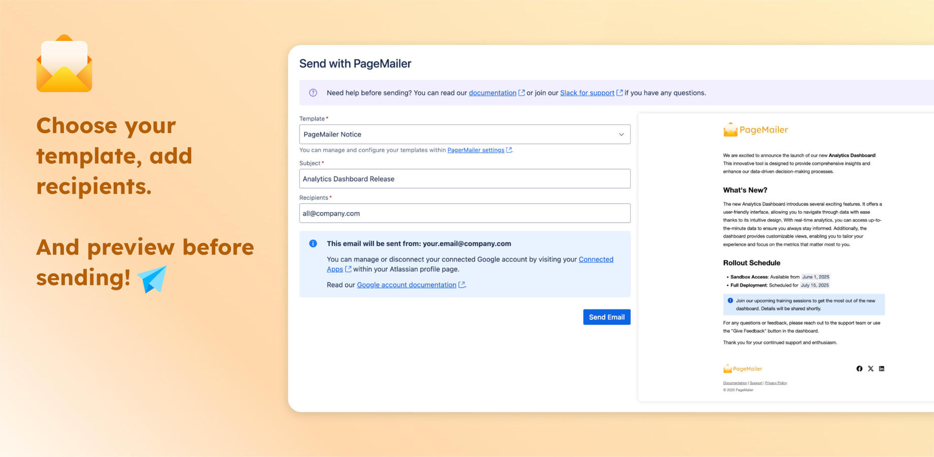 Showcase of the options available when sending a page as an email