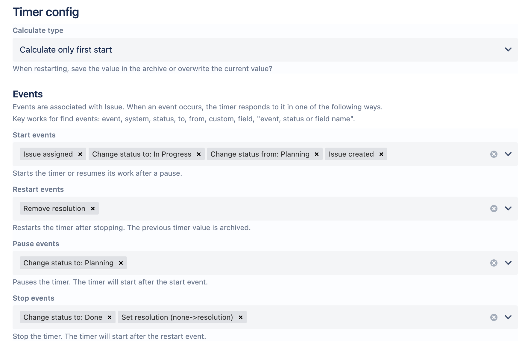 You can choose as standards not events - creating a request, commenting. So also special - changing the status from / to a specific status, increasing the priority, changing the value in the field.