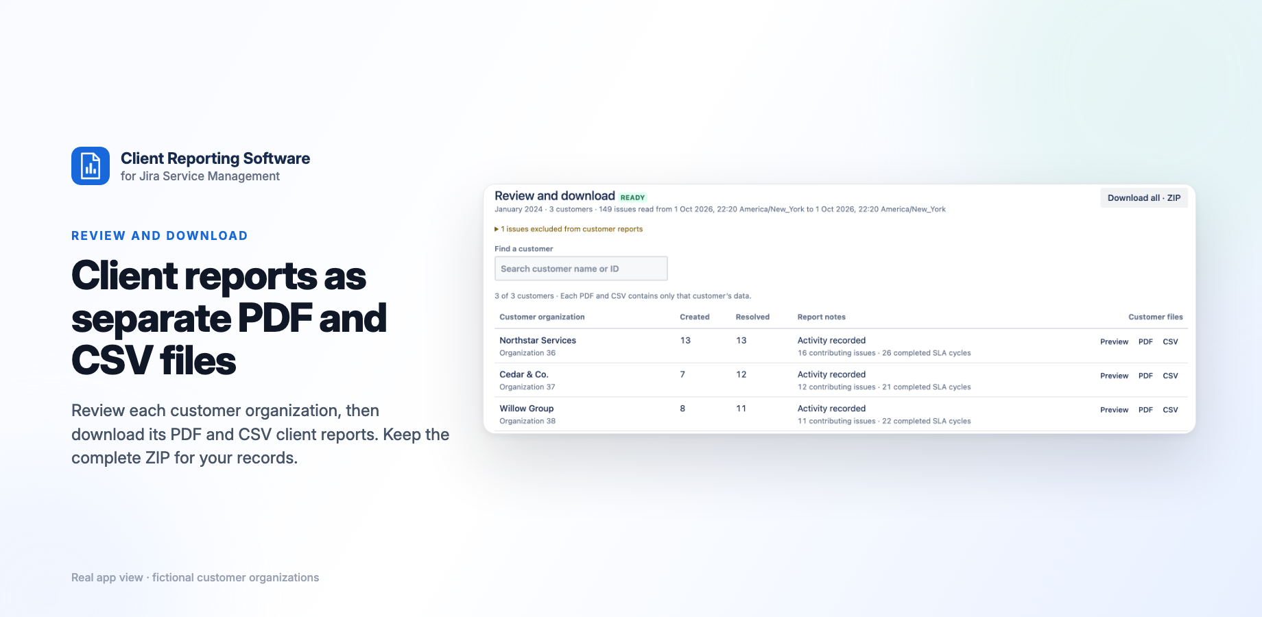 Search for a customer, preview their report data and download their PDF or CSV. Each individual file contains one customer. Sample data.