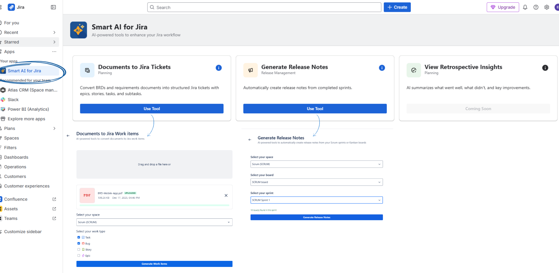Interface of the AI automation tool for Jira Cloud showing requirements being converted into structured work items and the instant generation of professional release notes.