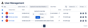 Filter by name, email, groups and last activity time