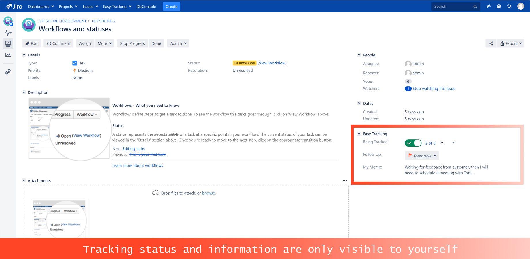 The toggle button on the right panel allows you to track/untrack the current issue