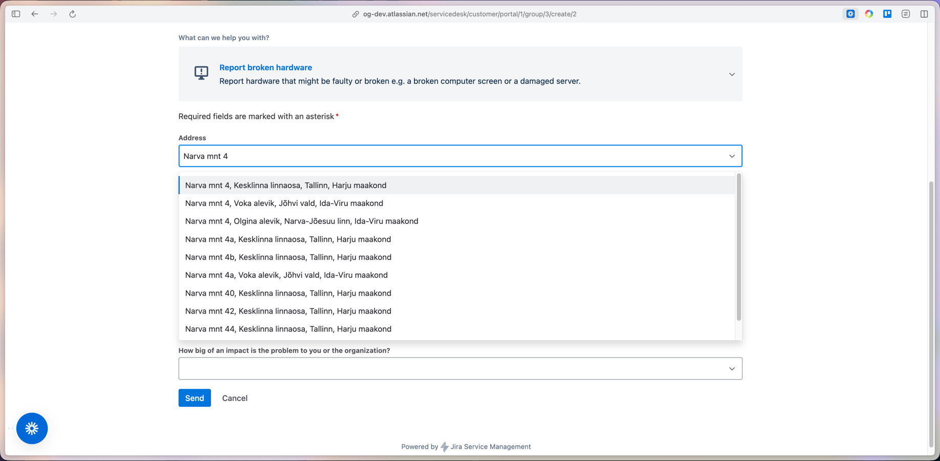 Customer selects an address directly in the Jira Service Management portal using autocomplete, ensuring accurate and structured location data is captured at submission