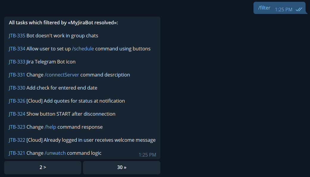 Tasks filtered by selected filter
