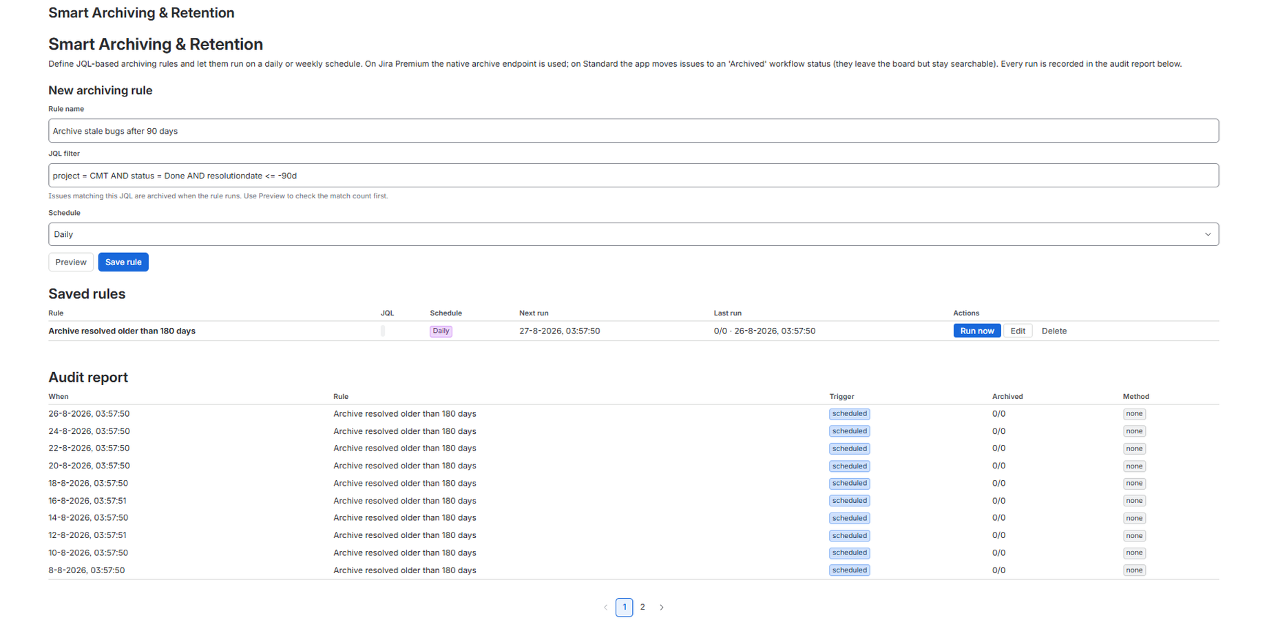 Creating a new archiving rule with a custom JQL filter and name.
