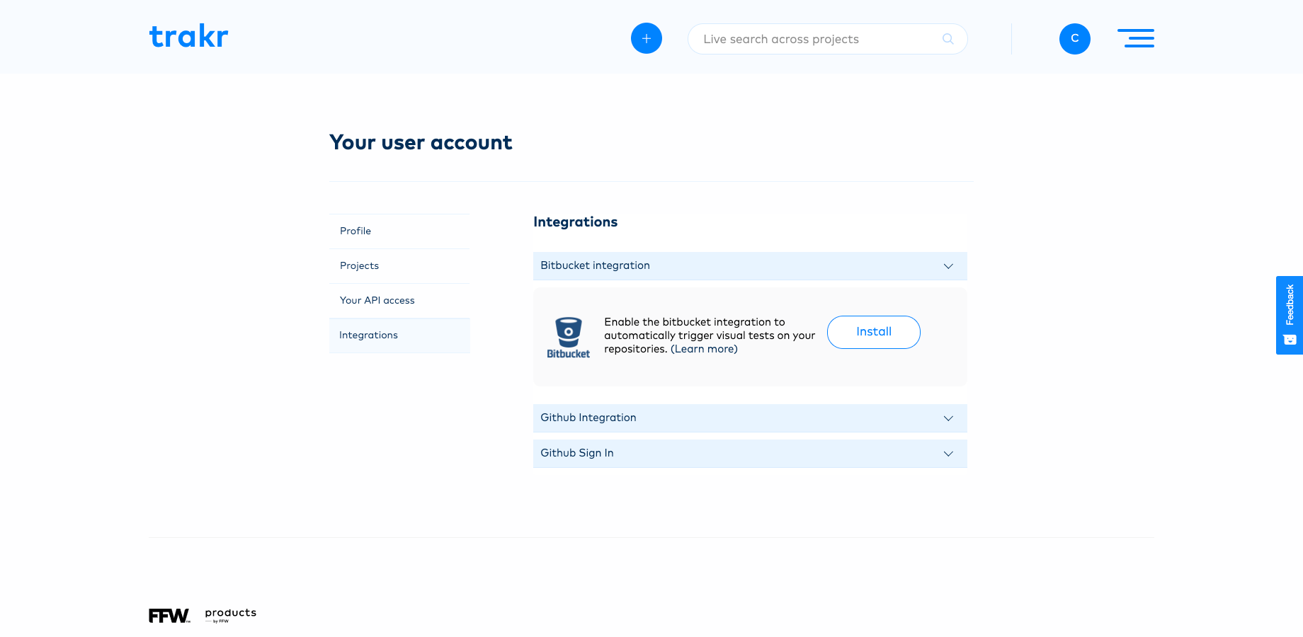 Install Bitbucket integration from your user account