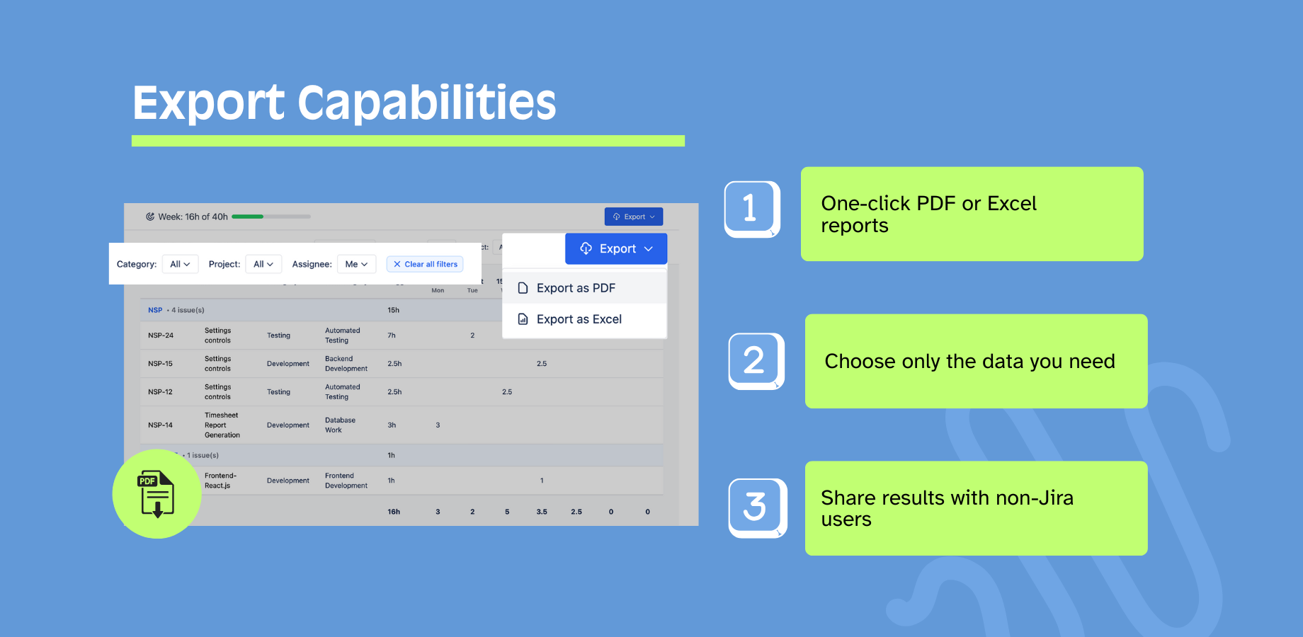 Create client-ready PDF timesheets for invoicing or export to Excel for accounting integration. Professional formatting preserved for stakeholder delivery. Ideal for consulting firms and professional services billing.