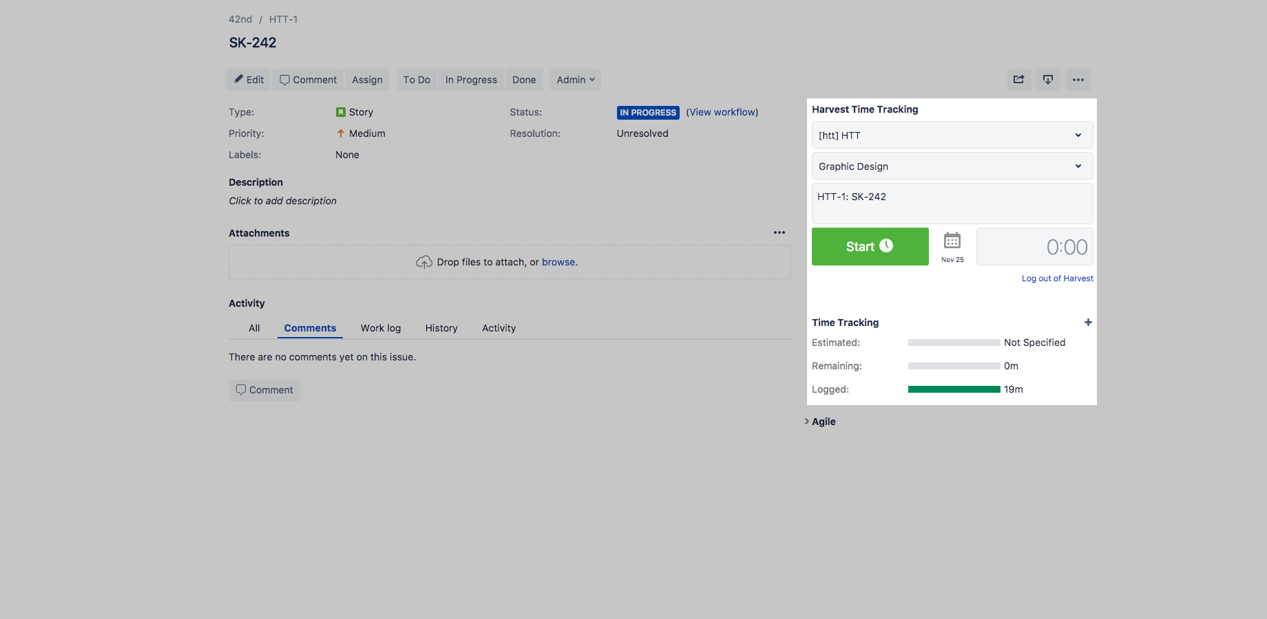 Harvest timer form as seen in the JIRA issue sidebar
