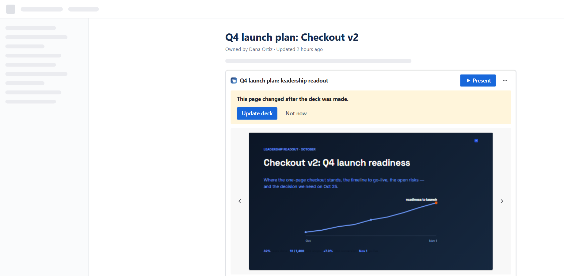 A deck on a Confluence page, with the notice that its source changed.