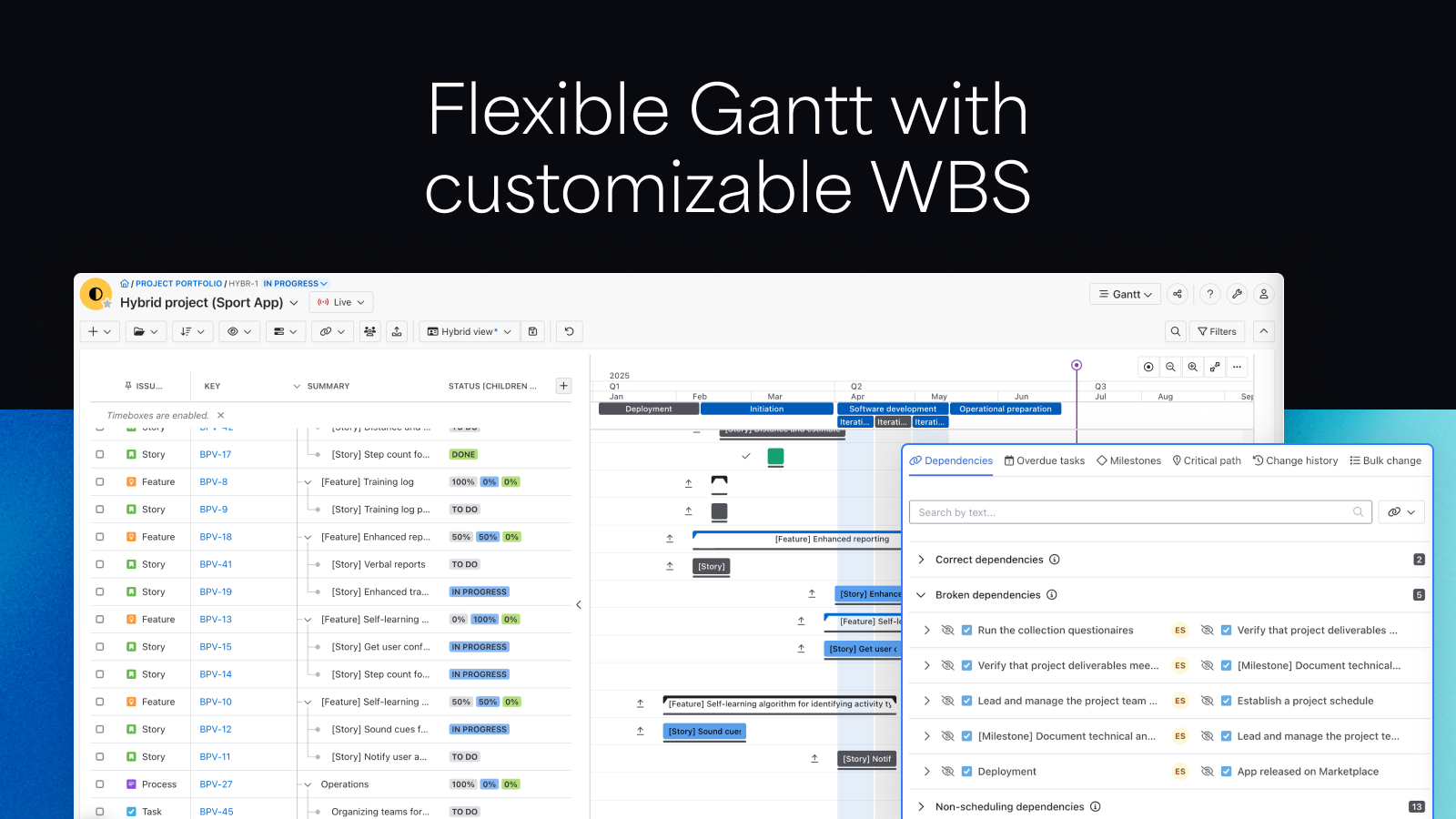 Organize your program into tasks and milestones. Use Work Breakdown Structure with any number of sub-tasks at any level. Present tasks and interdependencies. Export to MS Excel or Project.