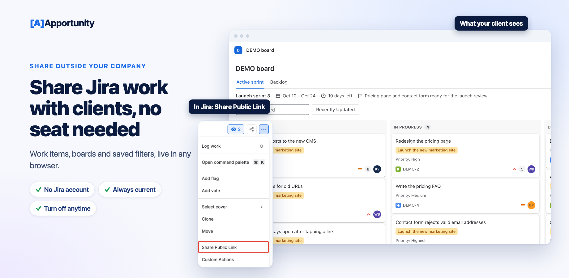 A shared sprint board as a client sees it, with its columns, sprint goal and search. Share Public Link sits in the Actions menu of every work item and board.