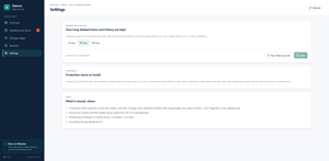 Settings: retention period (30, 90 or 180 days), clean-up now, coverage since install and the data notice.
