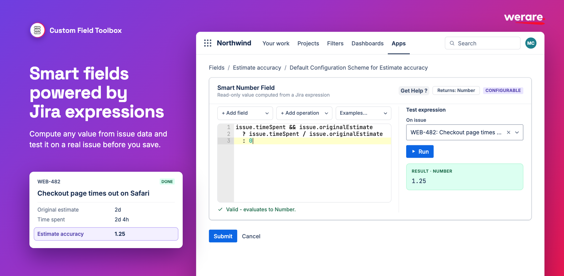 Smart Number Field configured with a Jira expression that divides time spent by original estimate. The test panel runs it on issue WEB-482 and returns 1.25, shown on the issue as Estimate accuracy.
