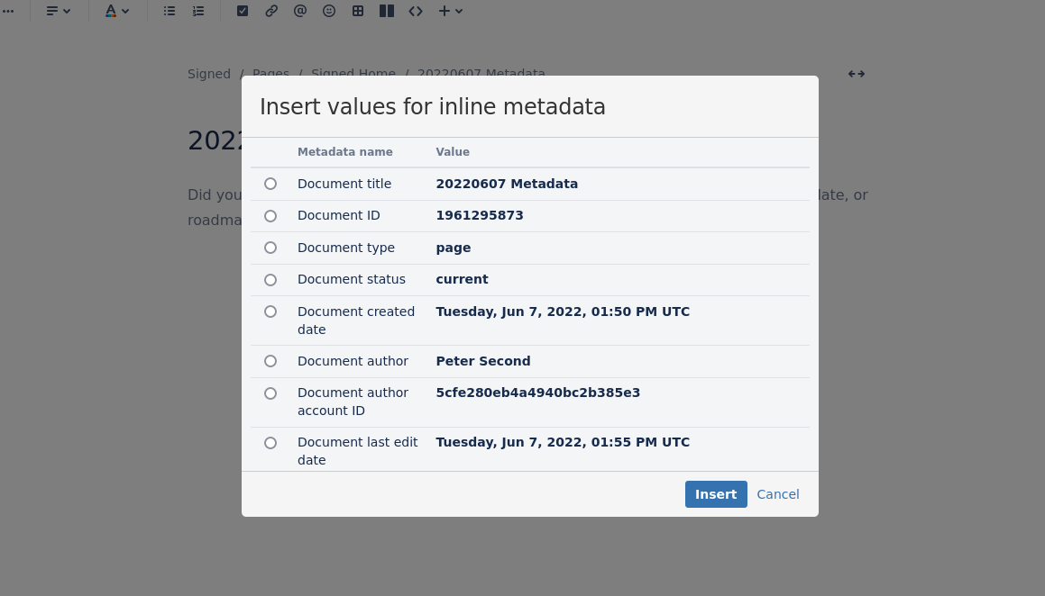 Choose and insert Metadata from a popup.  Add version information to pages.