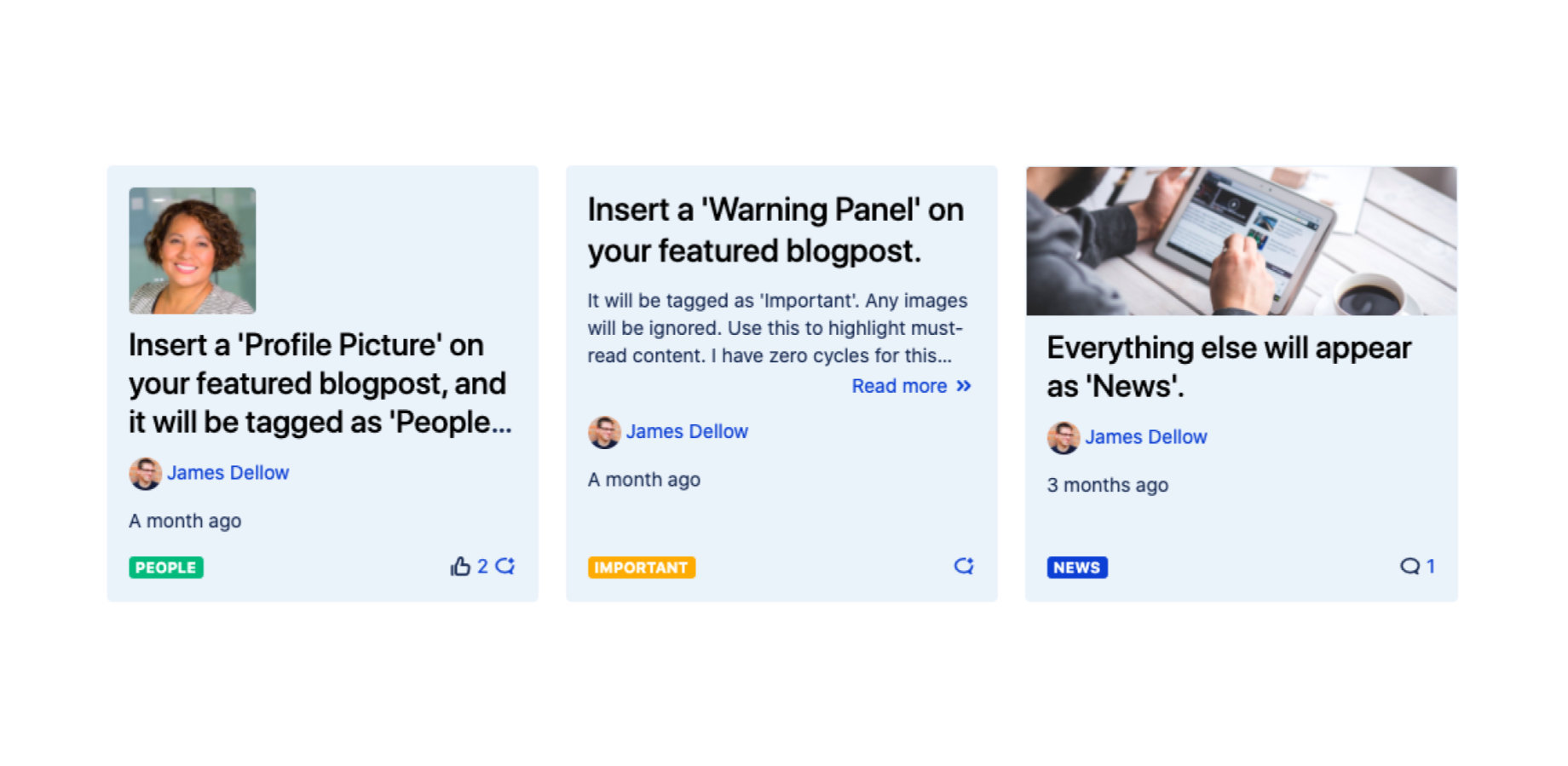 Special category lozenges help different types of blogpost stand out