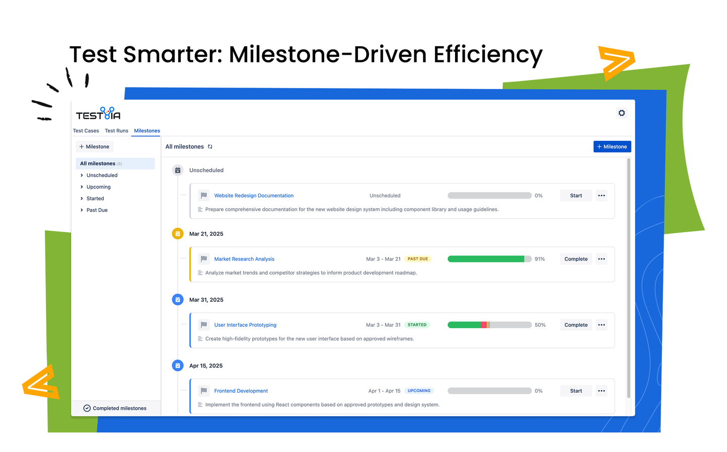 Track progress with precision. TestVia’s milestone-driven approach helps you align testing efforts with project goals, ensuring seamless execution and timely delivery.​