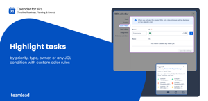 Color rules settings panel in Calendar for Jira with a calendar showing JQL-based color-coded issues