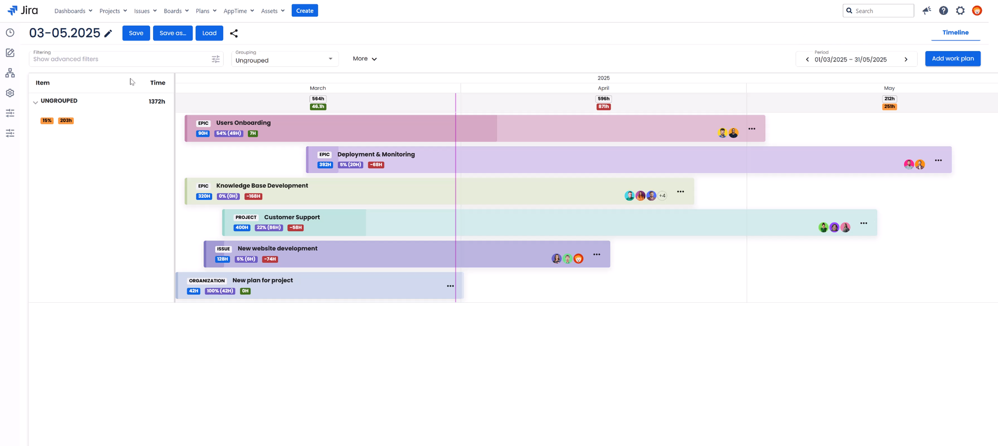 Plan work in Jira across issues, projects, sprints, versions, and JSM Organizations. Assign users, track progress vs. plan, estimate remaining time, and create shareable, customizable planning views