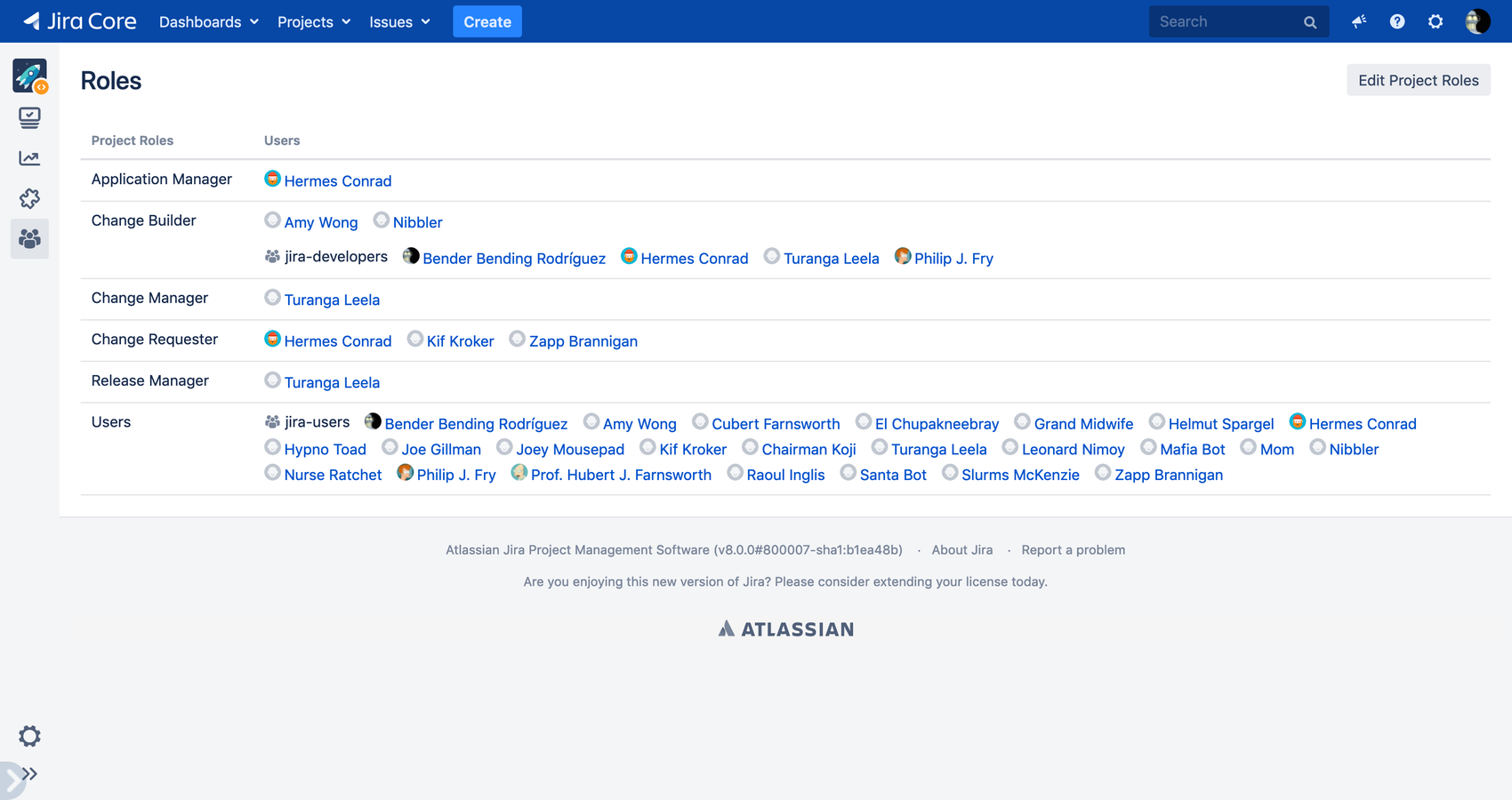 This plugin adds an additional Roles item to the sidebar with a table of all relevant project roles and assigned users and groups to this role for this project.