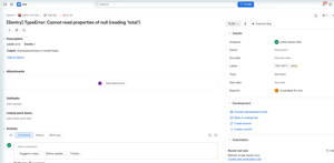 A Sentry error becomes a Jira issue automatically, carrying the level, event count and culprit across, with a link straight back to Sentry.