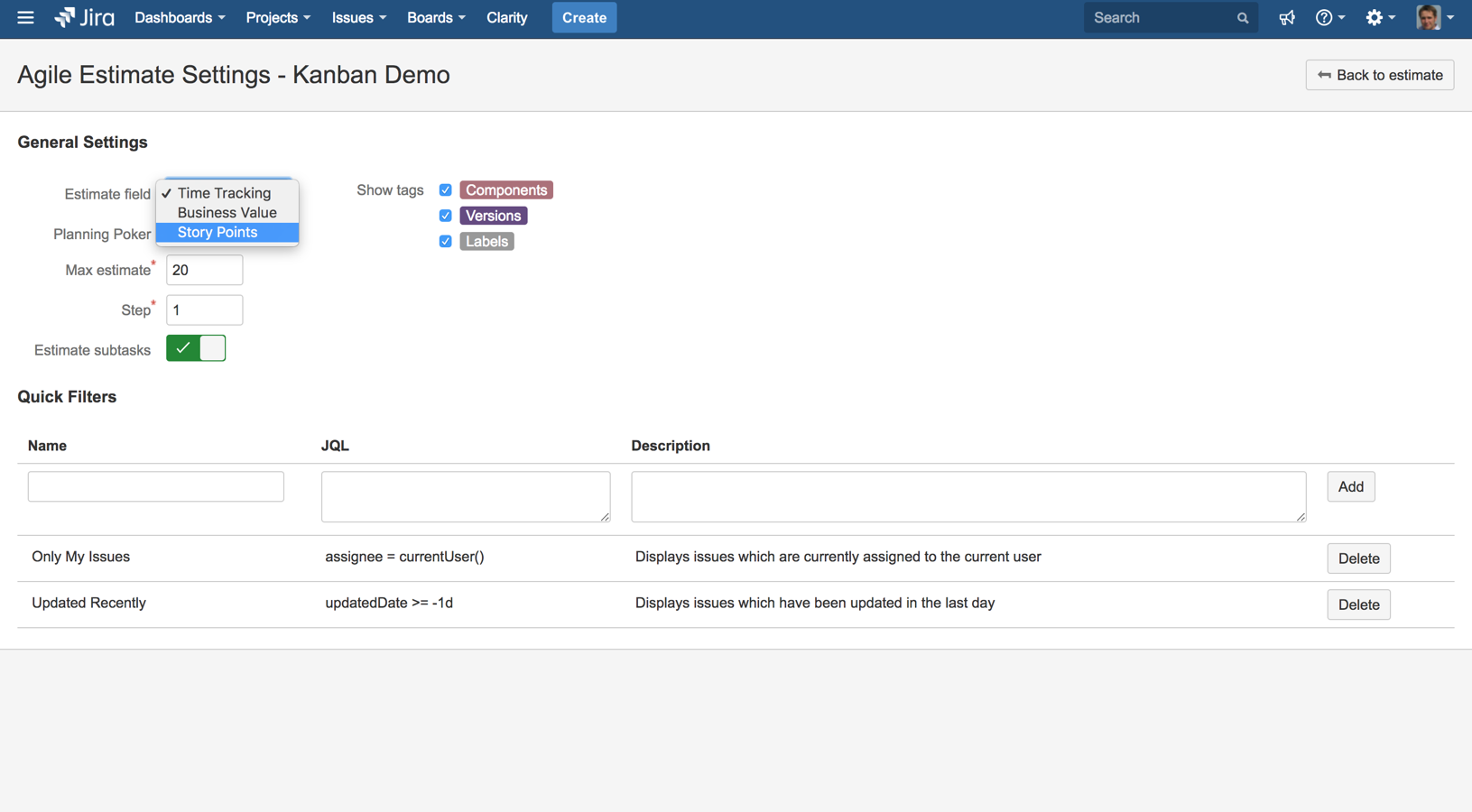 Choose between Time Tracking and Story Points estimation type.