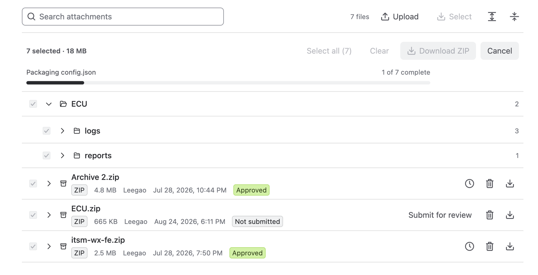 Select a folder or search result and deliver it as one ZIP — structure preserved, manifest included.