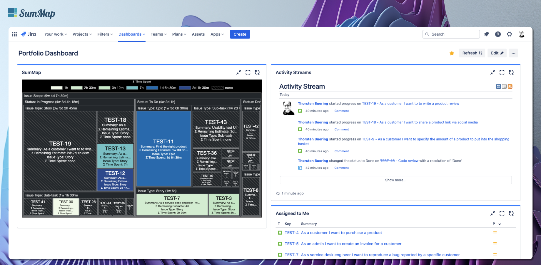 For constant monitoring add your most important SumMap views as gadgets to your Jira dashboards. The gadgets update every 15 minutes, making sure that you always have an up-to-date picture.