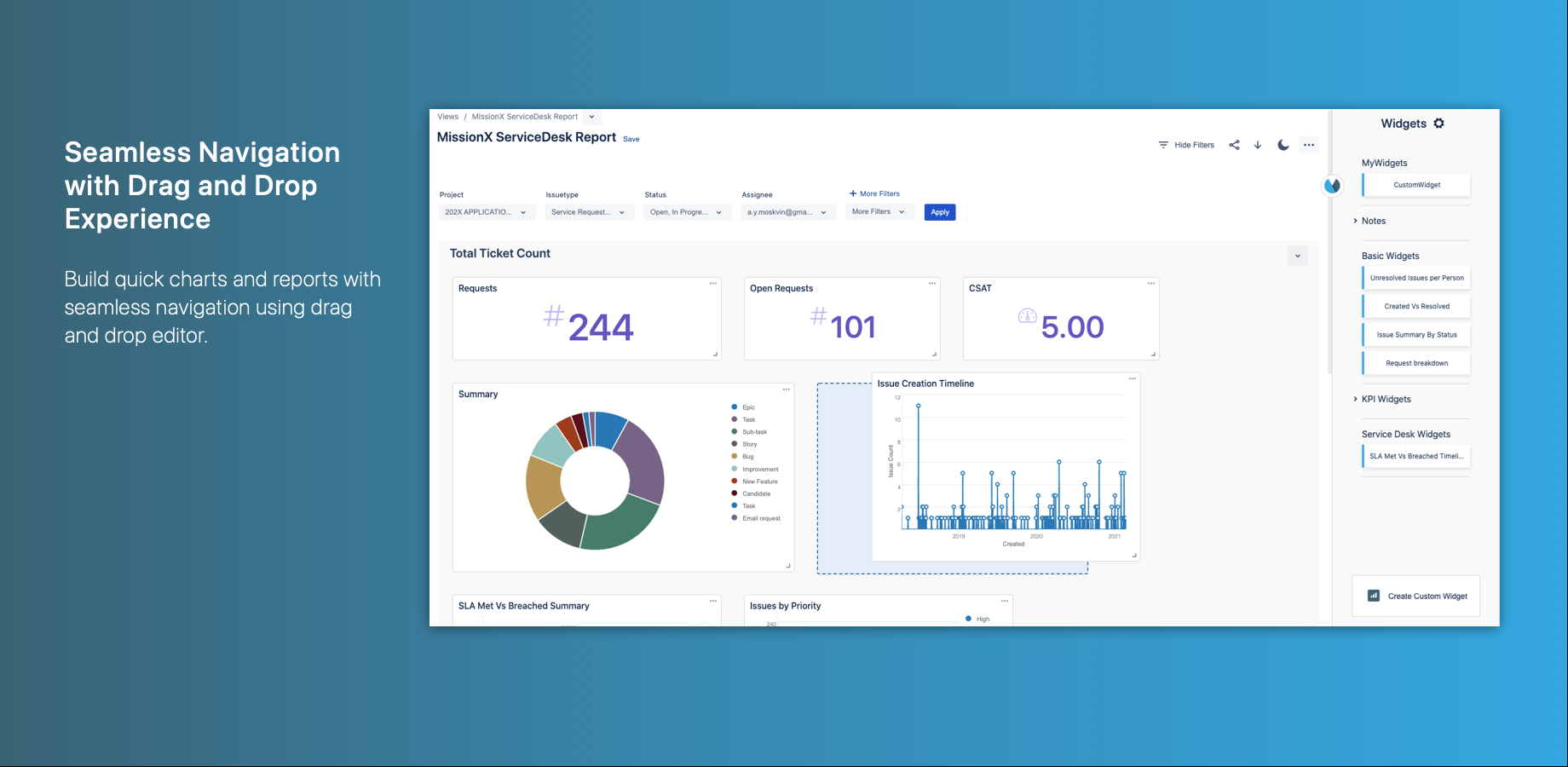 Build custom charts and interactive Jira reports in seconds with easy drag and drop widgets.
Start your seamless reporting experience with predefined templates or build your own custom dashboard based on your team.