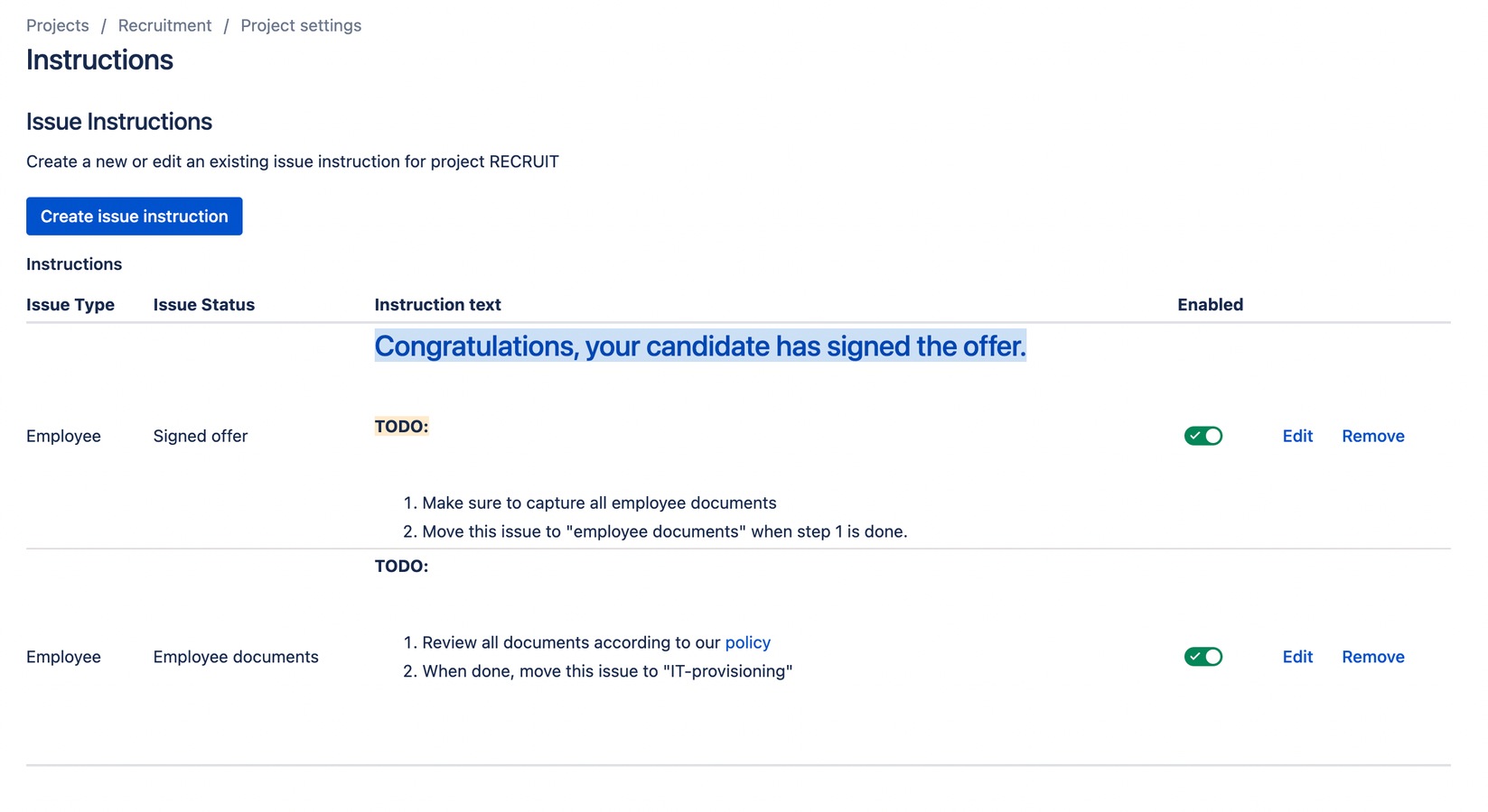 Configure instructions per project