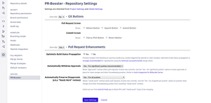 All of PR-Booster's features can be individually enabled or disabled per-repo, per-project, or globally.This screenshot shows the PR-Booster settings screen at the "repository" level.