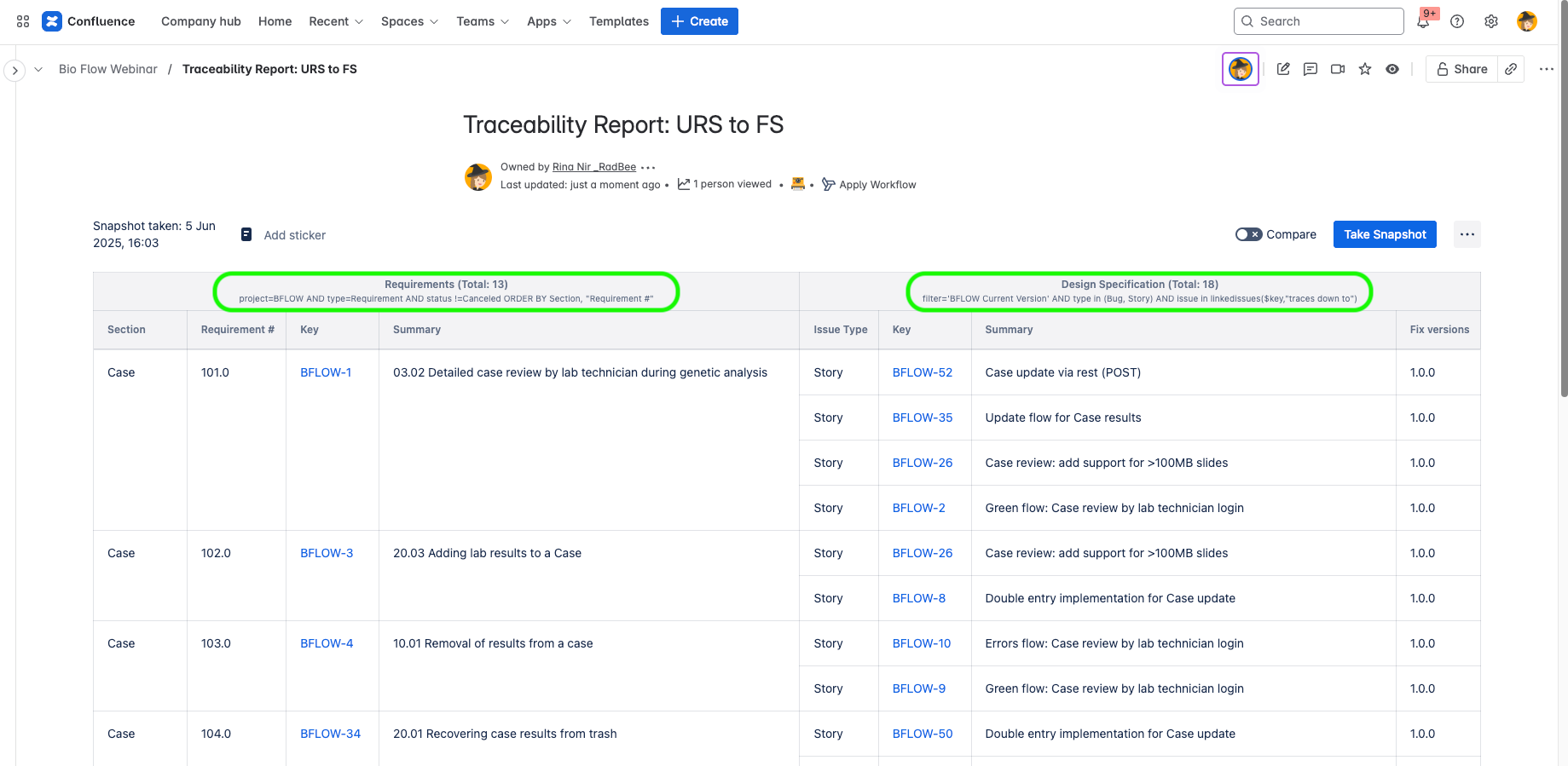 Create multilevel tables with snapshots of requirements and stories (or alternatively of epics, stories, and their subtasks). The best way for agile teams to create formal release documentation