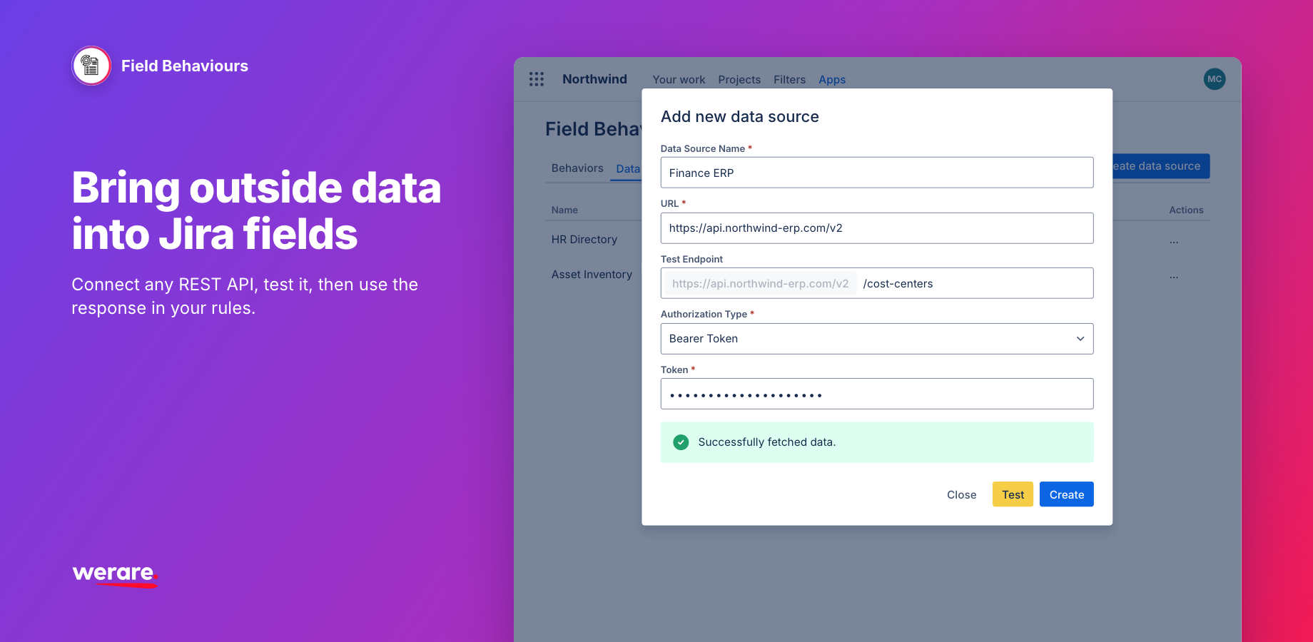 Adding a Finance ERP data source: enter the REST API URL, choose Bearer Token authorization and test the /cost-centers endpoint to confirm the data is fetched before you use it in a rule.