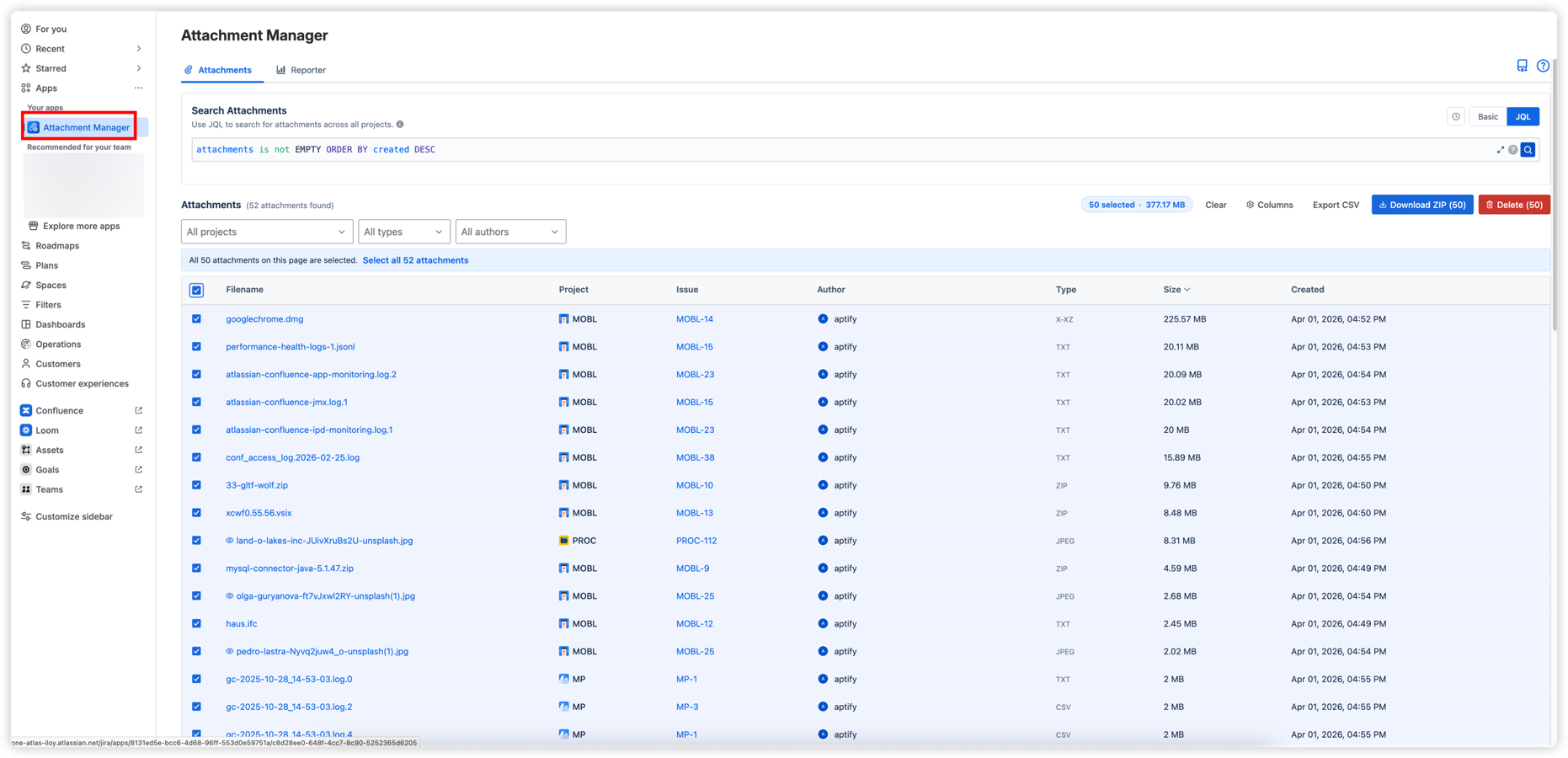 The Attachments tab displays search results in a sortable table with filters for project, type, author, and status. Supports bulk selection, ZIP download, deletion, and CSV export