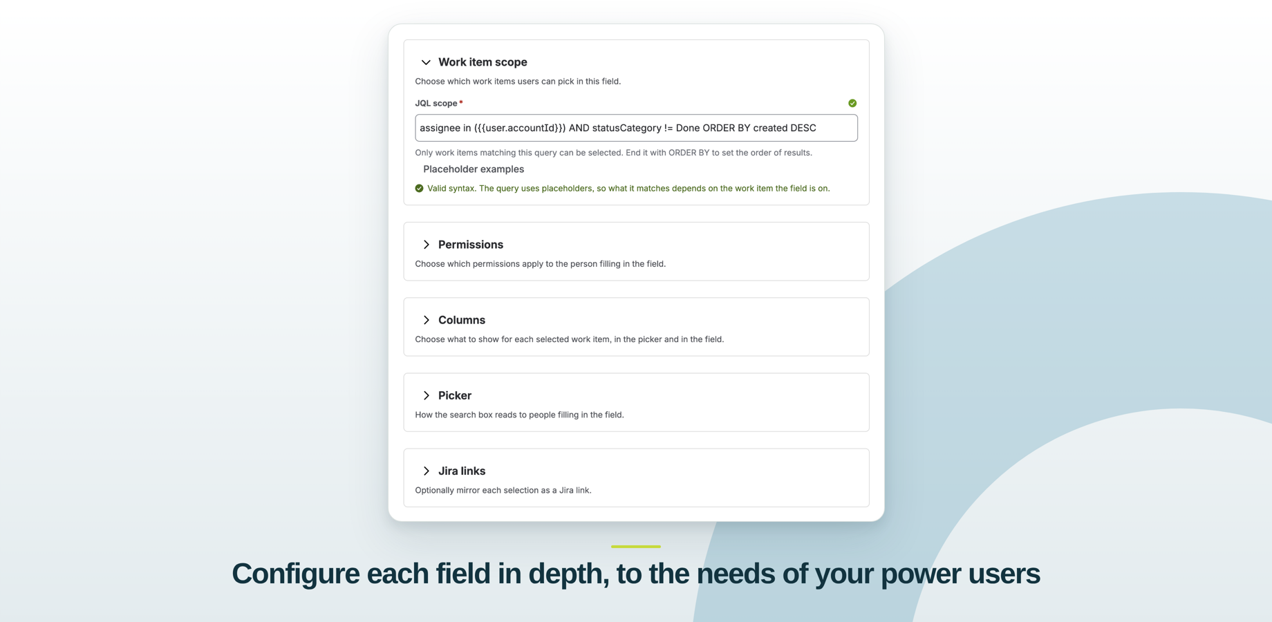 Work Item Selector configuration for the Work Item Selector field: a validated JQL scope limited to unfinished children of the current work item, permission mode, column selection and issue link mirroring.