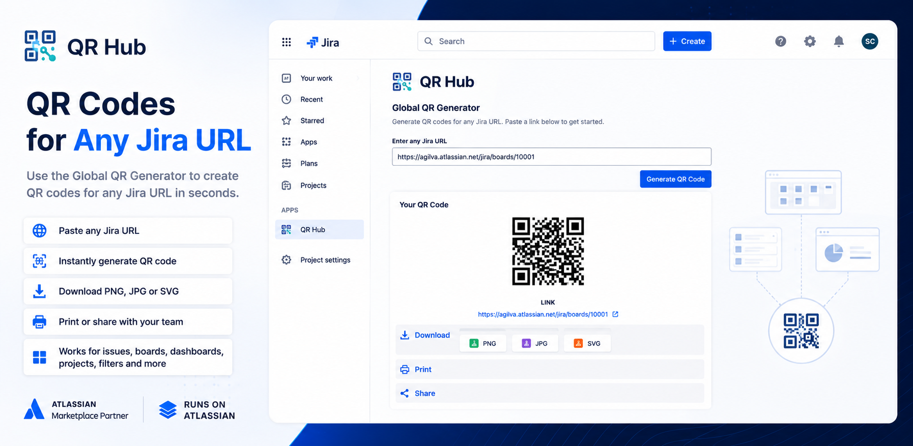 Paste any Jira URL into QR Hub to instantly generate downloadable QR codes for virtually any Jira resource.