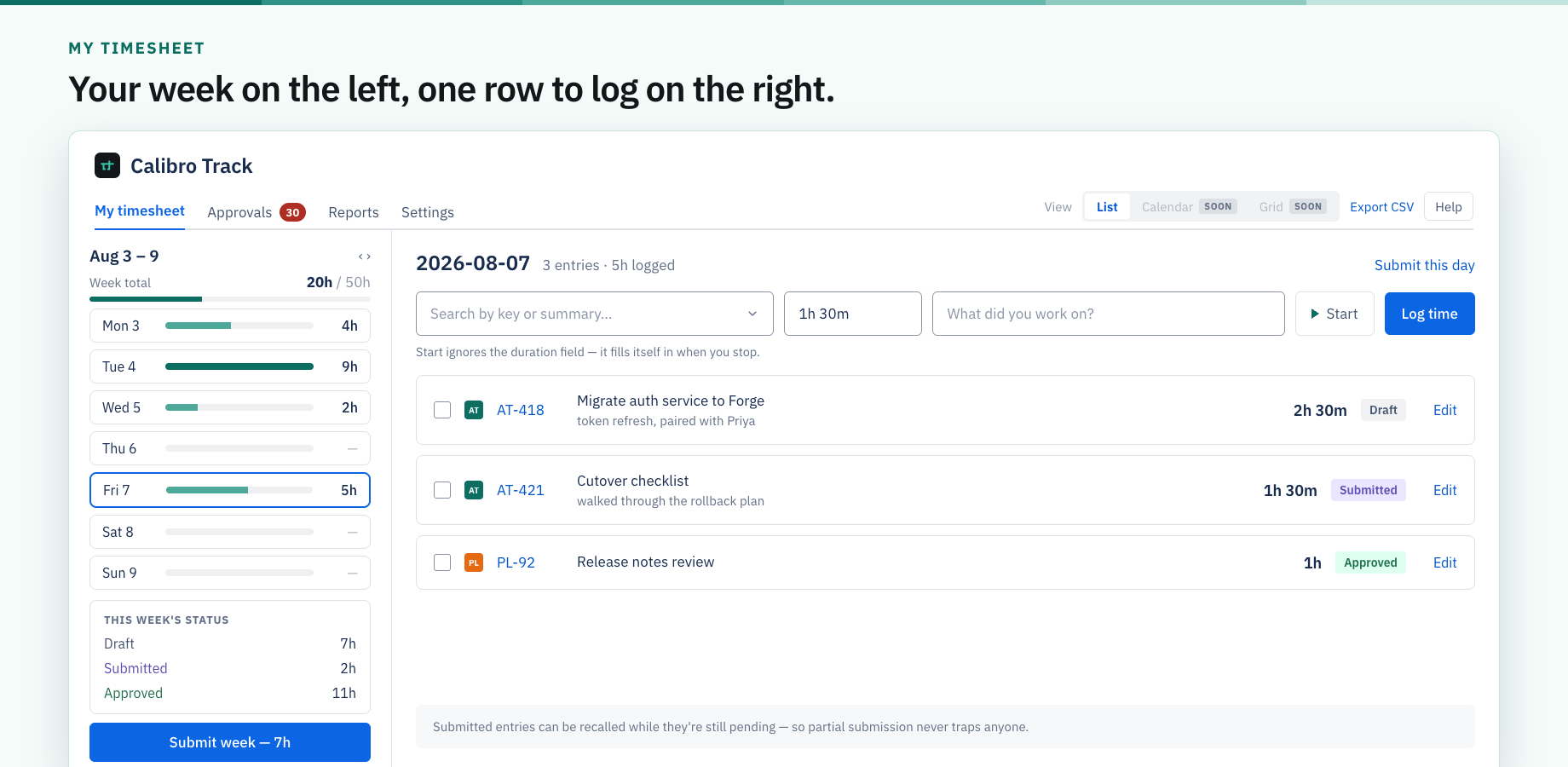 The week rail keeps every day, its hours and its status in view while you log. Pick an issue, type a duration and a note, and hit Log time — or press Start and let the timer fill the duration in when you stop.