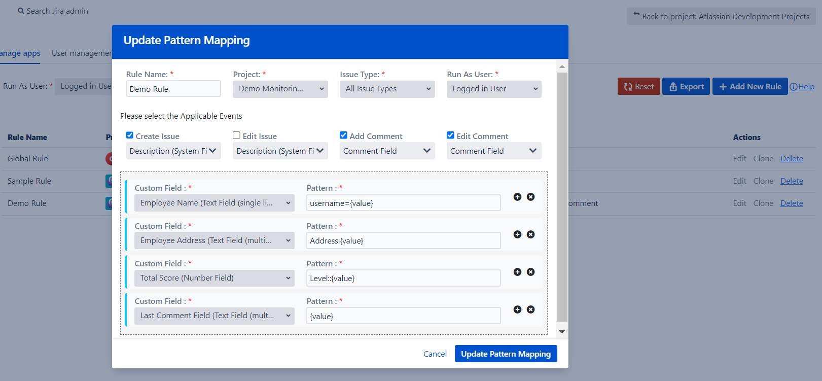 Define patterns at Project/ Issue Type/ CFs Levels
