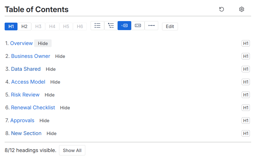 Select heading level depth, hide individual headings with a single click, select from 5 bullet/number styles.
