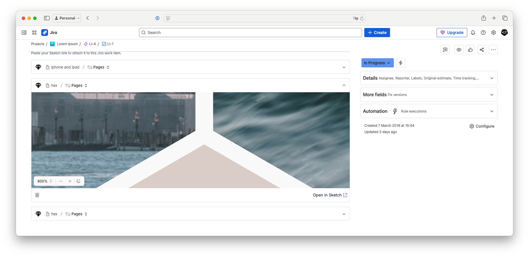 ​Your Sketch designs and prototypes will always be tied to their source of truth, so when the original design changes, your Jira Issue will automatically update.