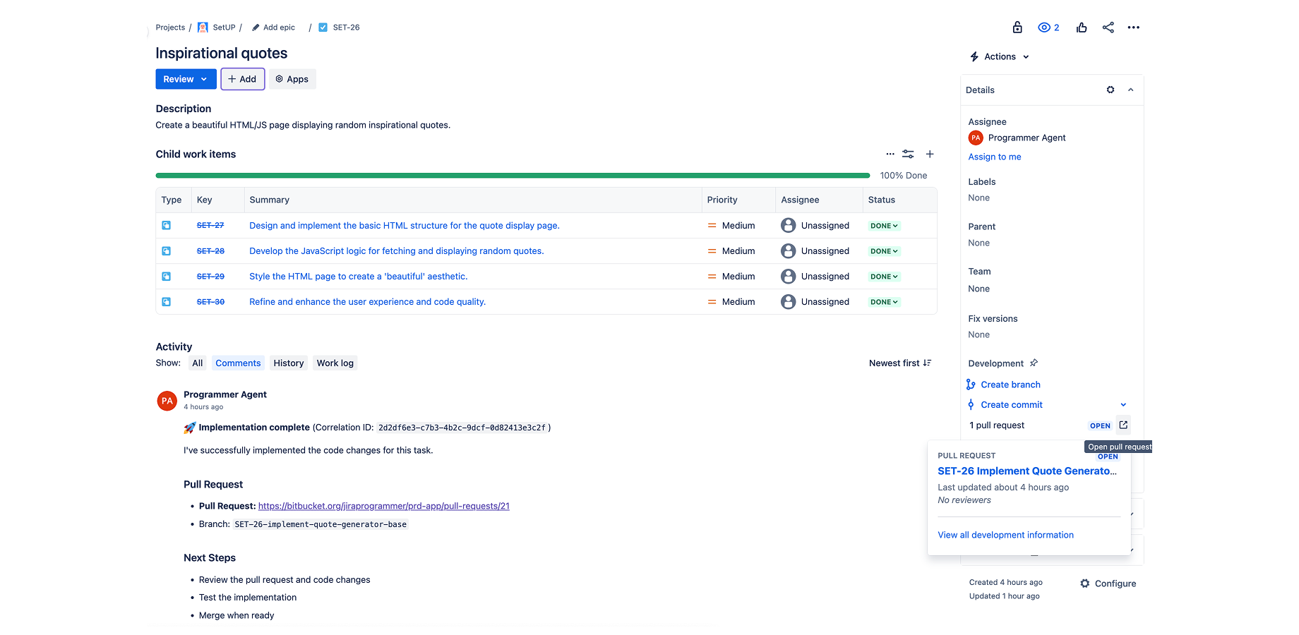 Agent implementing Jira issue